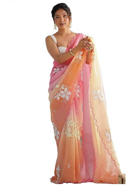 Women's Scalloping Border Shimmer Pure Chiffon And Sequence Embroidery Saree With Unstitched Blouse Piece