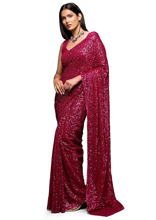 Women's Georgette Heavy Sequins Work Heavy Saree with Blouse
