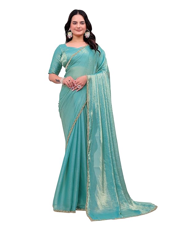 Women's Shimmer Chiffon soft silk two tone saree with Lace Boarder Shiny Stone work With Unstitched Blouse Piece